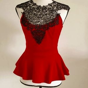 Women's S cherry RED flared, slim-fitted peplum TOP w/ elegant BLACK bobbin lace